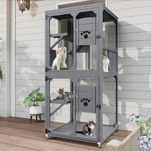 Catio Outdoor Cat Enclosure with Window Access, 4-Tier Cat House with Wheels, Resting Box & Waterproof Roof, Indoor/Outdoor Large Gray Cat Cage - 1 of 4