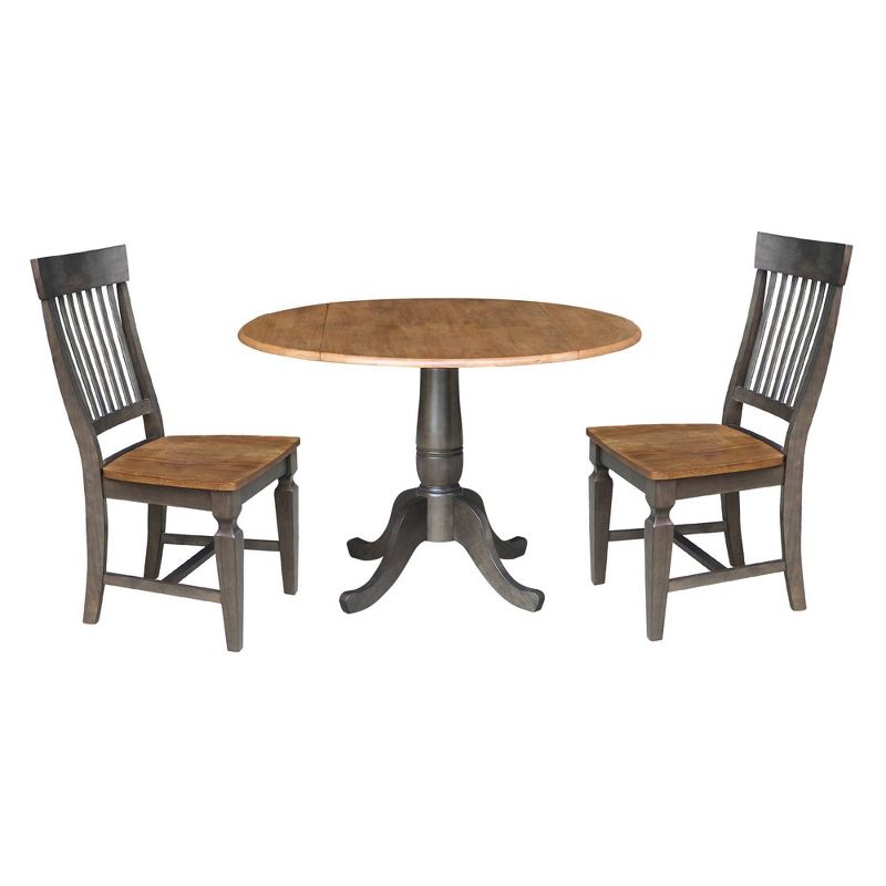 3pc 42&#34; Round Dual Drop Leaf Dining Table with 2 Slat Back Chairs Hickory/Washed Coal - International Concepts, 1 of 11