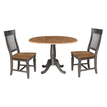 3pc 42" Round Dual Drop Leaf Dining Table with 2 Slat Back Chairs Hickory/Washed Coal - International Concepts