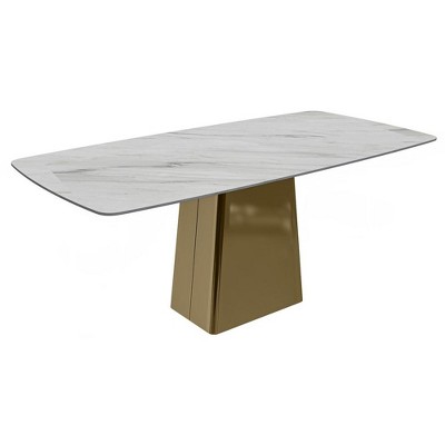 LeisureMod Quinix Modern Rectangular Dining Table for 4 to 8 People with Glass/Sintered Stone Top and Gold Stainless Steel Base