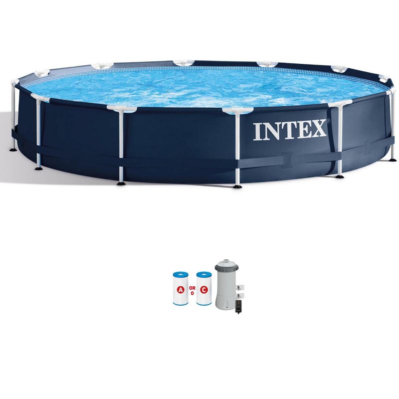 Intex Metal Frame 12 Foot x 30 Inch Round Above Ground Outdoor Backyard Swimming Pool with 530 GPH Filter Cartridge Pump, Navy, 1 of 9