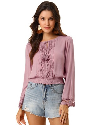Allegra K Women's Round Neck Bell Long Sleeve Smocked Hem Cropped Blouse