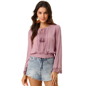 Allegra K Women's Round Neck Bell Long Sleeve Smocked Hem Cropped Blouse - 1 of 4