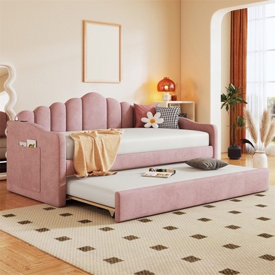 Twin Size Upholstered Daybed With Trundle, Velvet Day Bed With USB Charging Ports, No Box Spring Needed