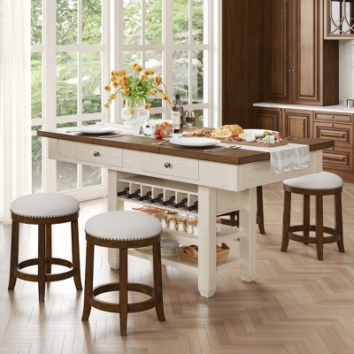 AMERLIFE 5-Piece Solid Wood Counter Height Dining Table Set with Drawers, Wine Rack & Open Shelves, Farmhouse White and Brown