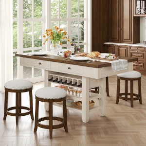 AMERLIFE 5-Piece Solid Wood Counter Height Dining Table Set with Drawers, Wine Rack & Open Shelves, Farmhouse White and Brown - 1 of 4