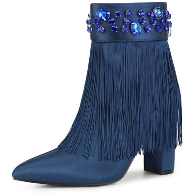 Perphy Women's Zip-up Pointed Toe Fringe Crystal Block Heel Ankle Boots