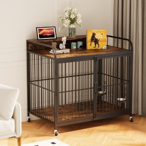Dog Crate Furniture Rustic Brown , Indoor Kennel with Adjustable Feeder and 360-Degree Wheels, Wooden Decorative Pet House and Side Table - 1 of 4