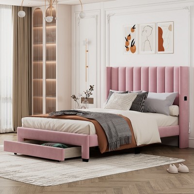 Queen Size Velvet Upholstered Platform Bed, Storage Bed With A Big ...