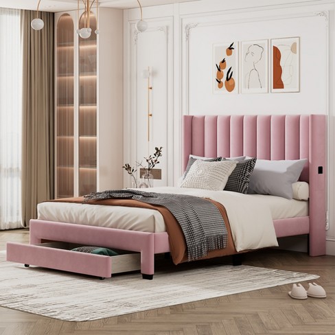 Queen Size Velvet Upholstered Platform Bed, Storage Bed With A Big Drawer,  Pink-modernluxe : Target