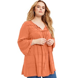 June + Vie by Roaman's Women's Plus Size Acid Wash Peasant Blouse - 1 of 4