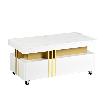 Lirago Rectangle Coffee Table Faux Marble Top Gold Metal Bars Caster Wheels Spacious Drawers Modern Luxury Cocktail Table Living Room White