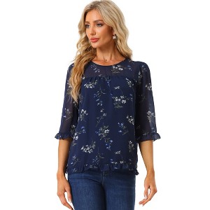 INSPIRE CHIC Women's Round Neck Ruffle 3/4 Sleeve Floral Print Chiffon Blouse - 1 of 4