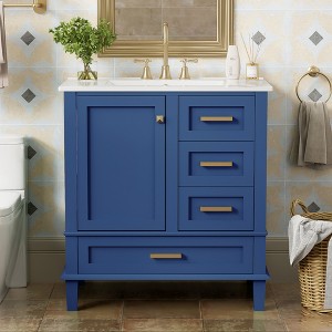 FAMYYT 30 in. Single Sink Freestanding Blue Bath Vanity with White Ceramic Top, Solid Wood Frame - 1 of 4