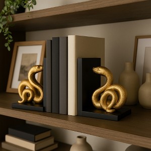 Decorative Resin Snake Bookends - Artistic Sculptural Book Accessories for Home Library, Bookshelf, Desk, and Office - Set of 2, 6", Gold & Black - 1 of 4