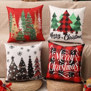Christmas Pillow Covers 18"x18" Set of 4, Cute Christmas Patterns, Tree, Merry Christmas - 1 of 2