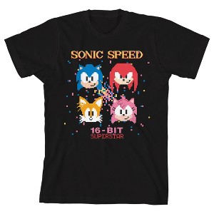 Sonic The Hedgehog Classic 16 Bit Pixel Sonic and Friends with Text on Black Short Sleeve Girls T-Shirt - 1 of 3