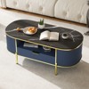 Modern Grooved Coffee Table, 48 Inch Oval Coffee Table with Drawers, Imitation Marble Tabletop, Metal Trim, Natural Oak Center Table for Living Room - 4 of 4