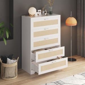 Rattan 5 Drawer Dressers for Bedroom,with Deep Drawers,Large Chest of Drawers for Closet with Wide Top,Long Wooden Dresser for Living Room,Hallway - 1 of 4