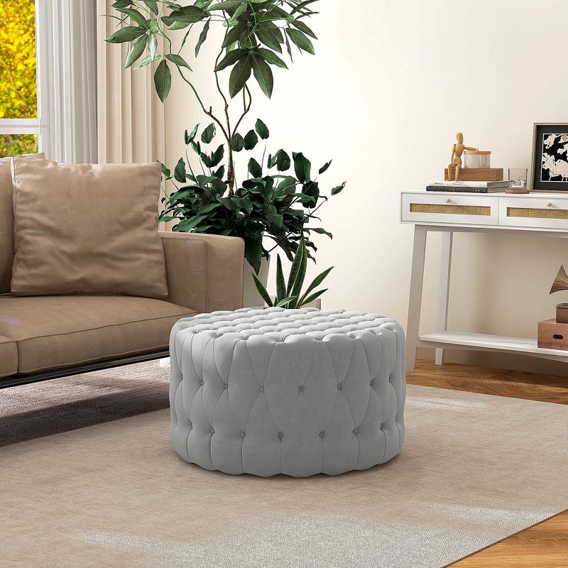 HOMCOM Tufted Ottoman, Velvet-feel Upholstered Foot Stool with Padded Seat, Round Ottoman Coffee Table for Living Room, Bedroom, 2 of 7