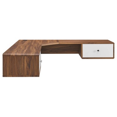 Modway Transmit 55" Wall Mount Corner Wood Office Desk – Mid-Century Modern Writing Desk with Cable Management