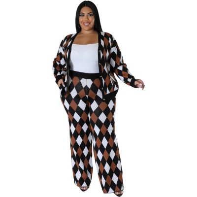Slickblue Plus Size Stretch Pant Set with V-Cut Long Sleeve Top and High Waist Bottoms, Black Multi, Size 1XL-3XL