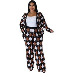 Slickblue Plus Size Stretch Pant Set with V-Cut Long Sleeve Top and High Waist Bottoms, Black Multi, Size 1XL-3XL - 1 of 4