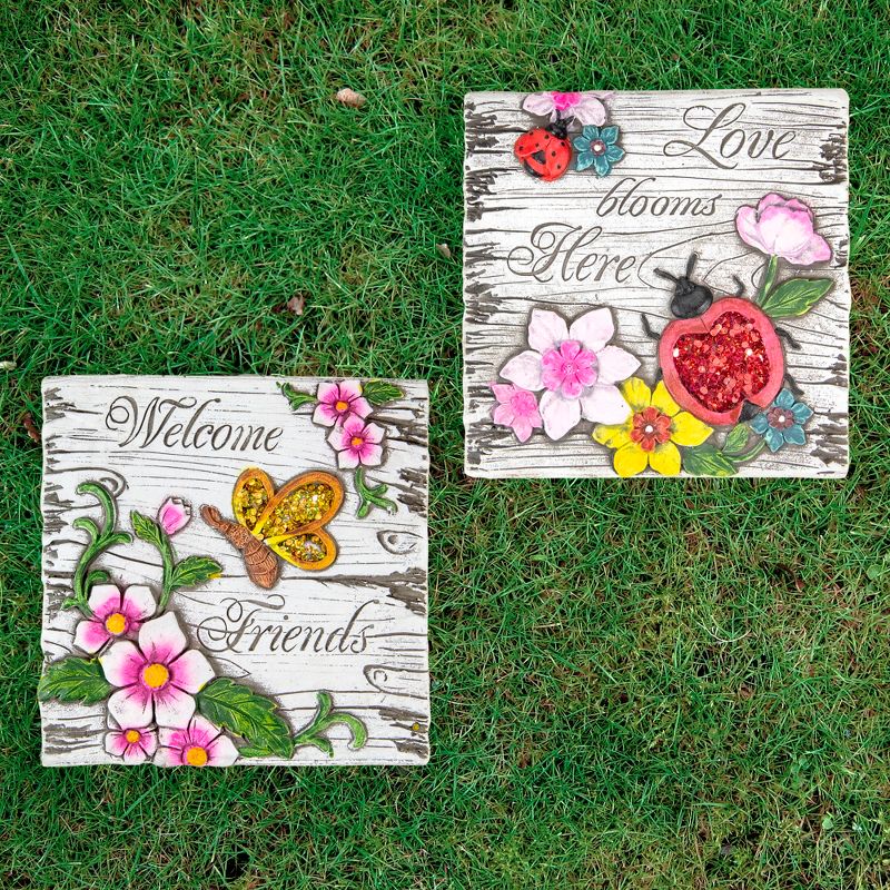 Northlight Set of 2 Love Blooms and Welcome Friends Floral Outdoor Garden Stones 7", 2 of 5