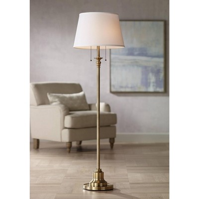 Classic Elegance Brushed Brass Floor Lamp with Off-White Linen Shade