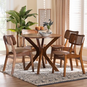 Baxton Studio Linnet Mid-Century Modern Wood and Rattan 5-Piece Dining Set - 1 of 4