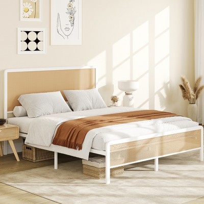 Full Size Rattan Bed Frame with Headboard, Modern Style Cane Boho Bed Frames with Heavy Duty Sturdy Steel Slat Support, No Box Spring Needed, White