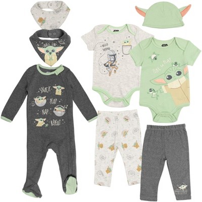 Star Wars The Mandalorian The Child Baby Bodysuits Sleep N' Play Coverall Pants Hat and Bibs 8 Piece Outfit Set Newborn to Infant