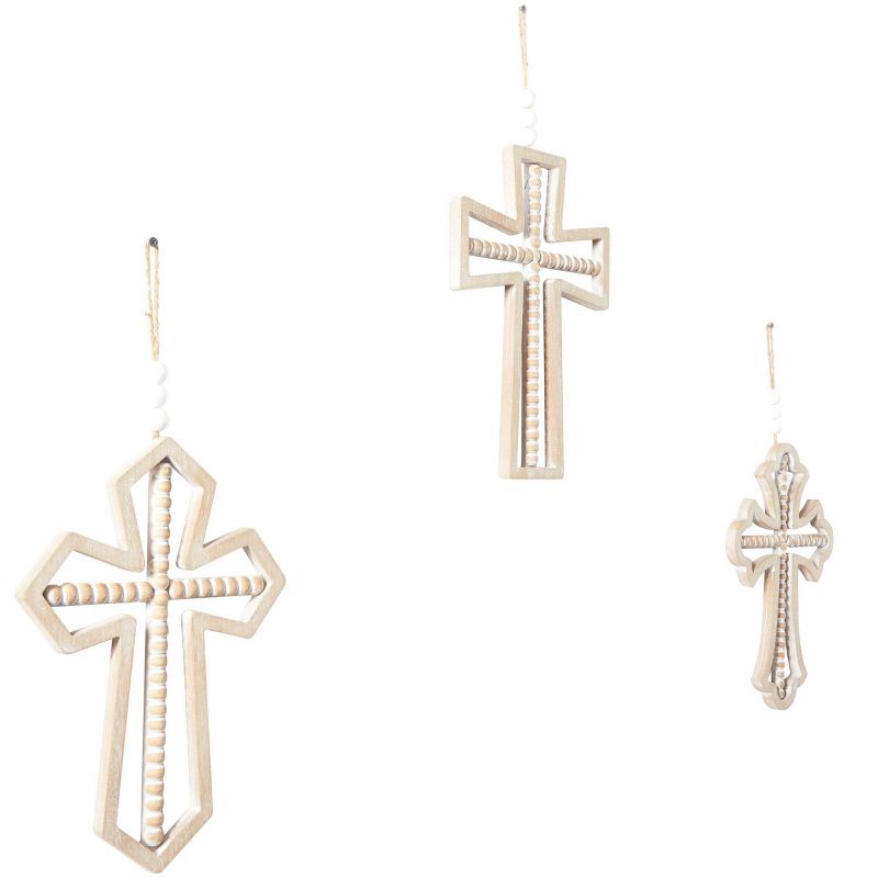 Set of 3 Wood Biblical Carved Beaded Crosses Wall Decors with Rope Hanger Brown - Olivia &#38; May, 5 of 7
