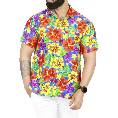 LA LEELA Men's Hawaiian Shirt – Tropical Palm Tree Print, Lapis Blue, Regular Fit