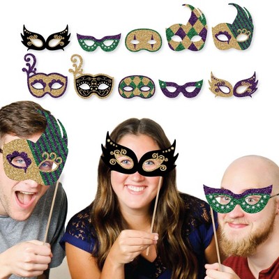 Big Dot of Happiness Mardi Gras Masks & Glasses - Paper Card Stock Masquerade Party Photo Booth Props Kit - 10 Count