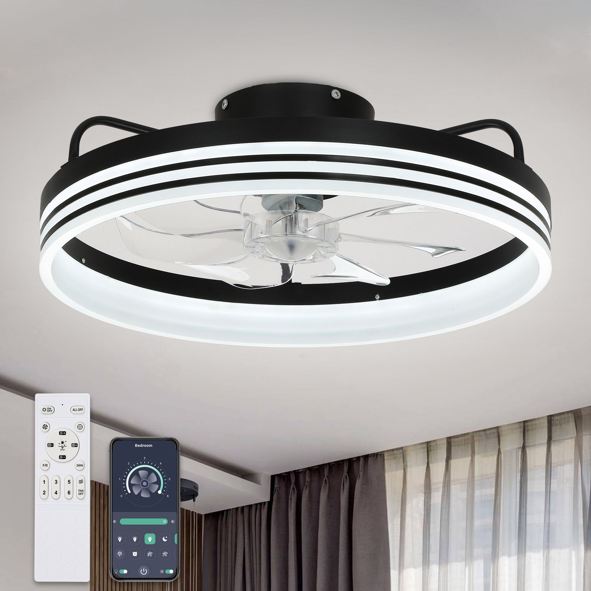Bella Depot 20" Modern Flush Mount Ceiling Fan with Dimmable Light, 6-Speed Reversible with Remote and APP Control