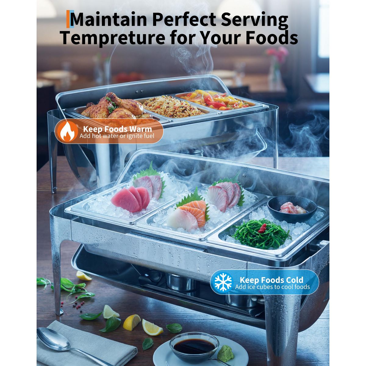 Roll Up Chafing Dishes for Buffet, 9.5 QT Stainless Steel Chafers and Buffet Warmers Complete Set with Food Pan Water Pan Fuel Holder for Party - thumbnail 5
