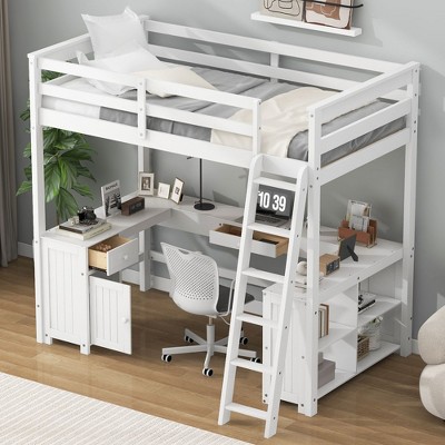 NicBex Twin/Full Wooden Loft Bed with U-Shaped Desk,Shelves,Ladder&Guardrails for Teens&Gamers,Versatile Gaming Loft Bed Platform,550lbs Max