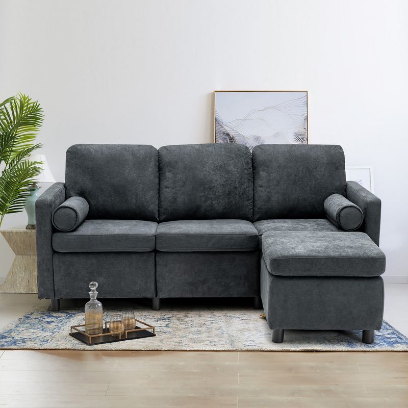 Costway Convertible Sectional Sofa 3 Seat L-Shape Couch Movable Ottoman Toweling Fabric, 3 of 11