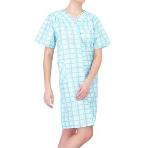Ezi Women's Short Sleeve Snap-Front Plaid Seersucker Cotton-Rich House Coat - 1 of 4