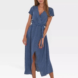 Womens Short Sleeve Wrap Dress Tie Waist Dress V Neck Slit Maxi Dress Floral/Polka Dress - 1 of 4