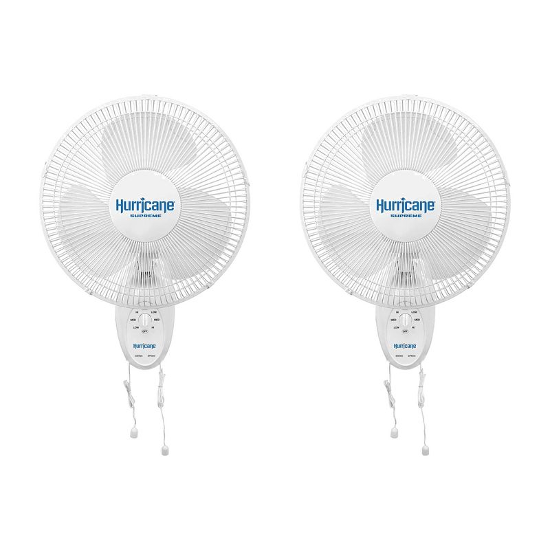 Hurricane Supreme 12 Inch 90 Degree Oscillating Indoor Wall Mounted 3 Speed Fan with Adjustable Tilt and Pull Chain Control, White (2 Pack), 1 of 7