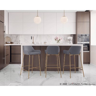 Set of 2 Gold Metal and Gray Faux Leather Bar Stools