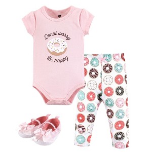 Hudson Baby Infant Girl Cotton Bodysuit, Pant and Shoe 3pc Set, Donut Worry - 1 of 1