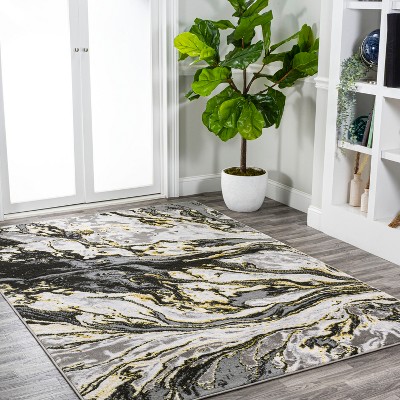 Abstract Swirl Marbled 4'x6' Black & Yellow Synthetic Rug