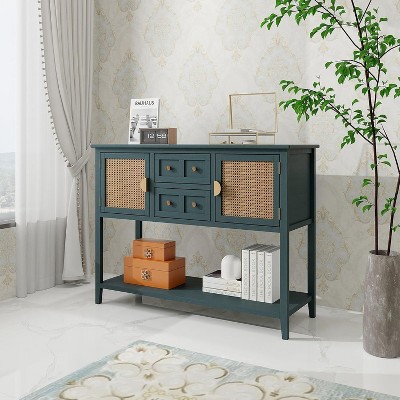 Jojoka Rattan Console Table with Drawers & Double Doors, Rustic Entryway Table with Storage Shelf, Farmhouse Sideboard for Living Room or Hallway