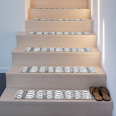 Cream and Black Geometric Nylon Non-Slip Stair Treads Set of 4