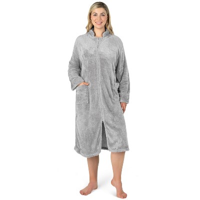 PAVILIA Womens Fluffy Housecoat Zip Robe, Faux Shearling Zipped Up Front Bathrobe, Plush Warm Zipper House Coat Lounger