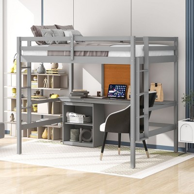Wooden Loft Bed with Desk, Writing Board and 2 Drawers Cabinet - ModernLuxe