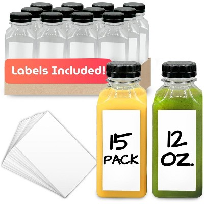 Square Plastic Juice Bottles with Caps, 15 Pack 12 oz Clear Empty Containers